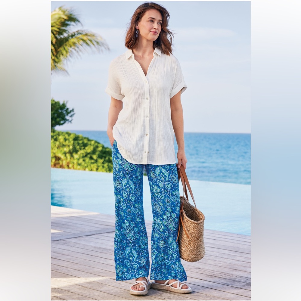 Soft surroundings Khulani Wide Leg Gauze Pants cotton blue floral elastic 1 X